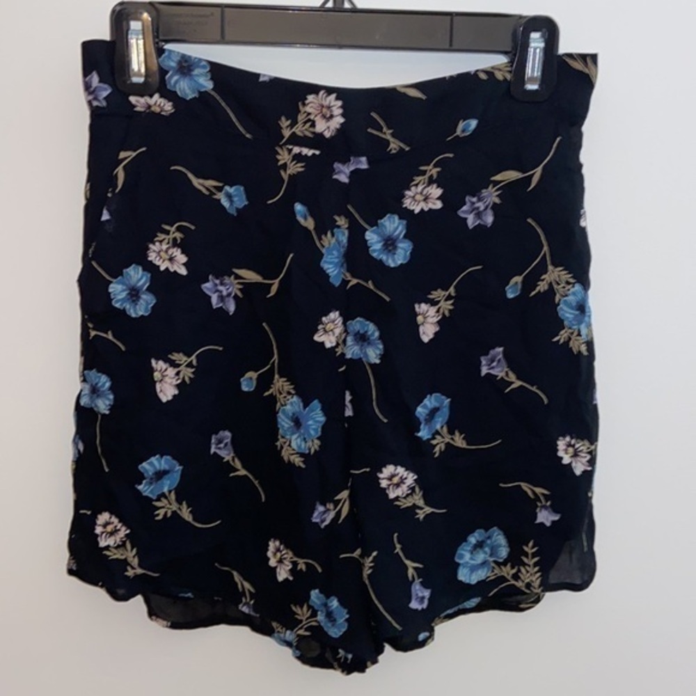 Reformation Black High-Waist Floral Shorts with Blue and Cream Flowers